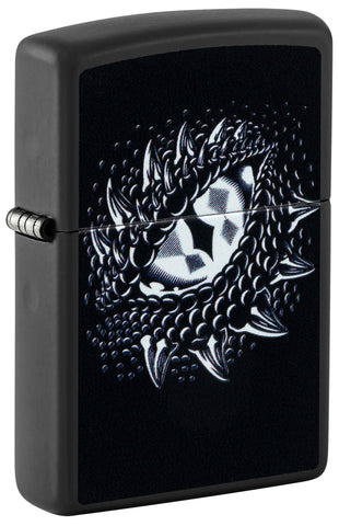 Front shot of Zippo Black Light Dragon Eye Design Black Matte Windproof Lighter  standing at a 3/4 angle.