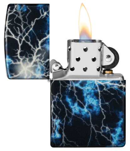 Zippo Lightning Design Glow in the Dark 540 Color Windproof Lighter with its lid open and lit.