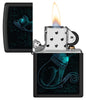 Zippo Black Light Spiritual Cat Design Black Matte Windproof Lighter with its lid open and lit.