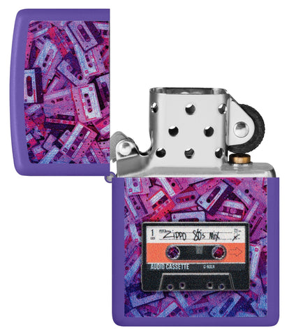 Zippo Cassette Tape Design Purple Matte Windproof Lighter with its lid open and unlit.